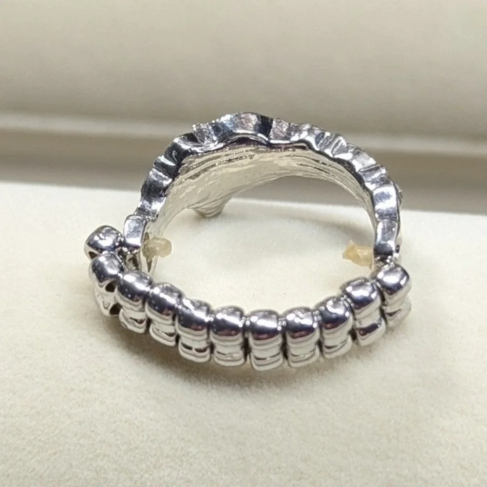 New Faux Pearl Clear Rhinestone Crystal Stretch Band Ring Silver Tone Comfy